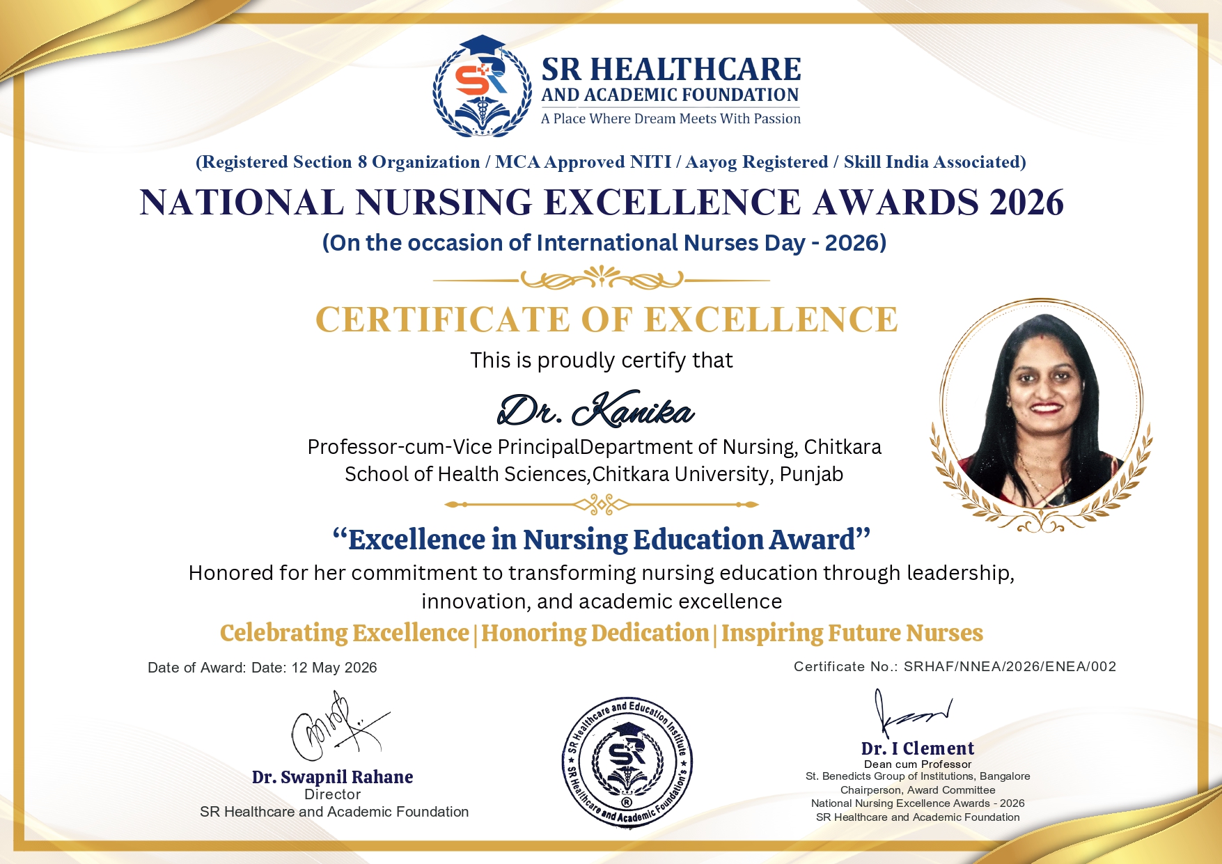 Excellence in Nursing Education Award certificate for Dr. Kanika Rai