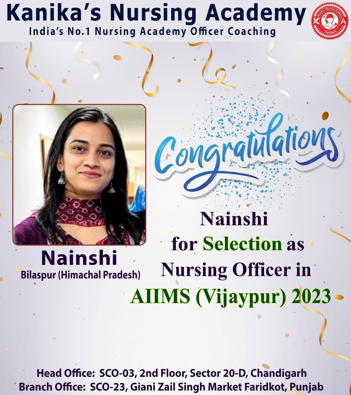 Nainshi — Nursing Officer selection at AIIMS Vijaypur 2023