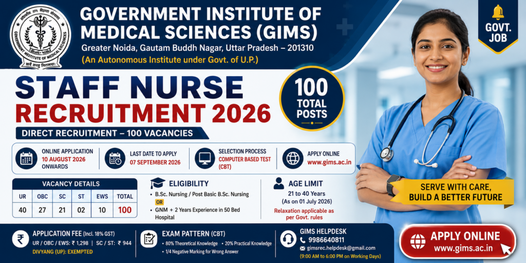 GIMS Greater Noida 100 Staff Nurse Recruitment 2026 recruitment banner
