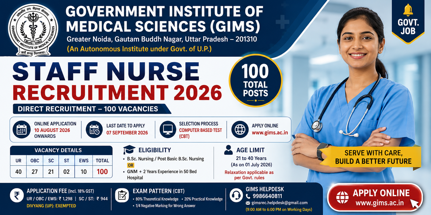 GIMS Greater Noida 100 Staff Nurse Recruitment 2026 recruitment banner