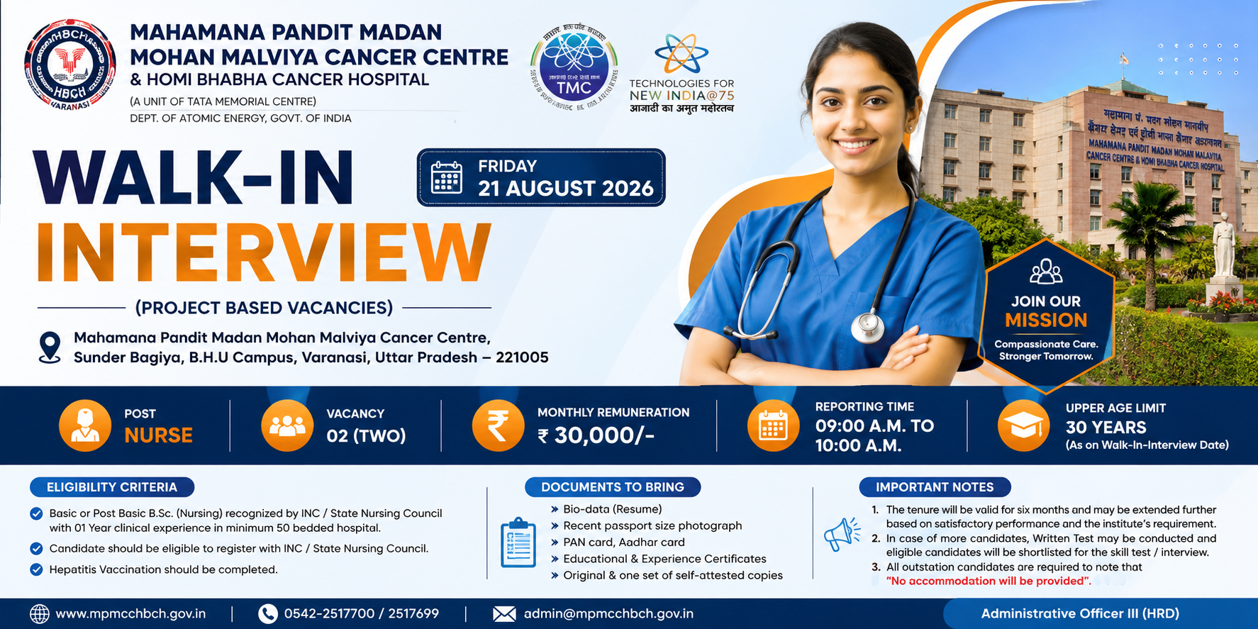 Nurse Vacancy – 02 Posts | ₹30,000/Month / MPMMCC Varanasi recruitment banner