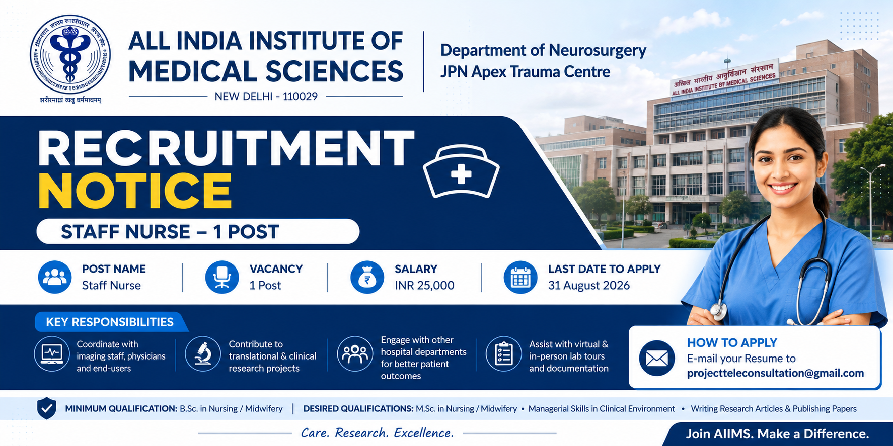 AIIMS New Delhi Recruitment 2026: Staff Nurse Vacancy Announced recruitment banner