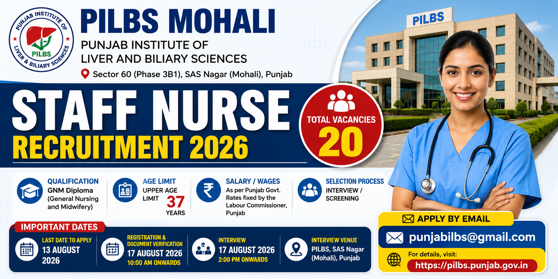 PILBS Mohali Staff Nurse Recruitment 2026 recruitment banner