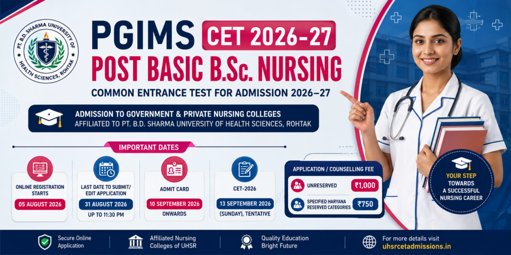 PGIMS Post Basic B.Sc. Nursing CET 2026–27 recruitment banner