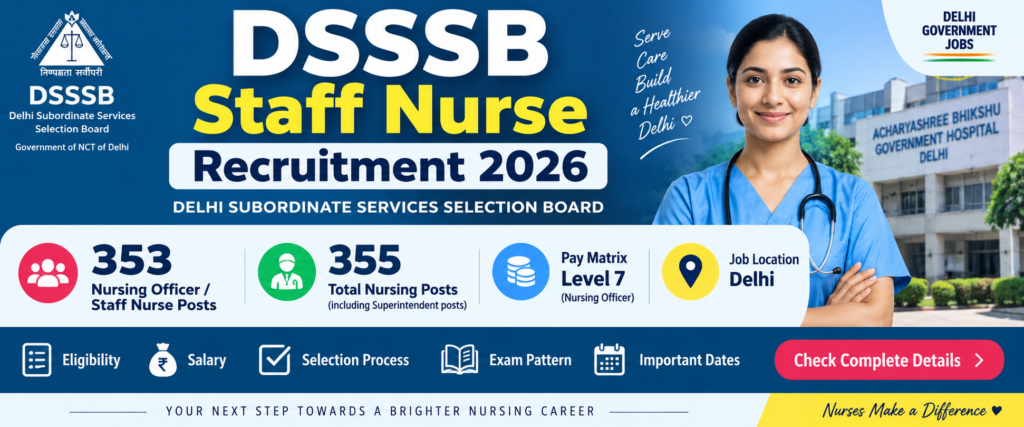 DSSSB Staff Nurse Recruitment 2026: 353 Nursing Officer Vacancies, Eligibility, Salary & Latest Update recruitment banner