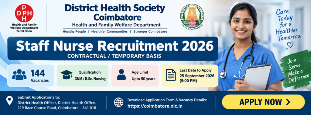 Coimbatore Nursing Jobs 2026 – 144 Staff Nurse Vacancies recruitment banner